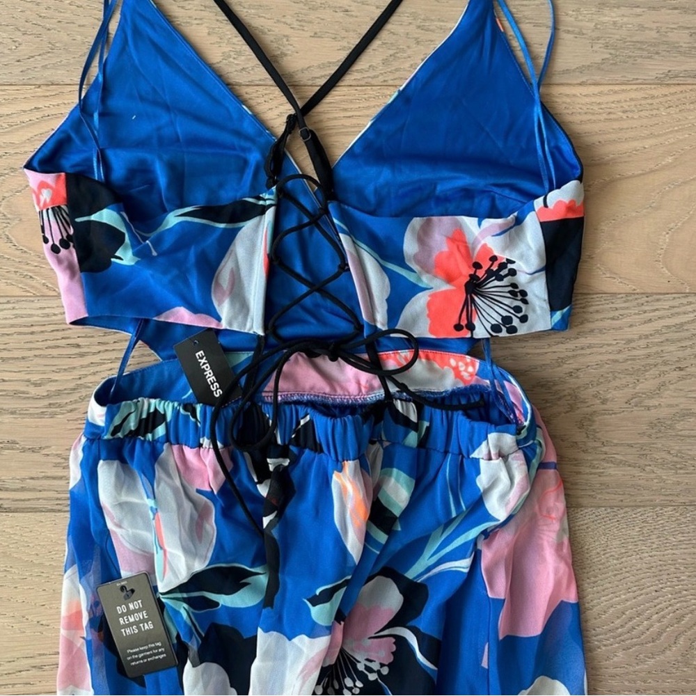 NWT Size small Express Blue Floral Maxi Dress with Pink and Black Accents - Picture 5 of 8